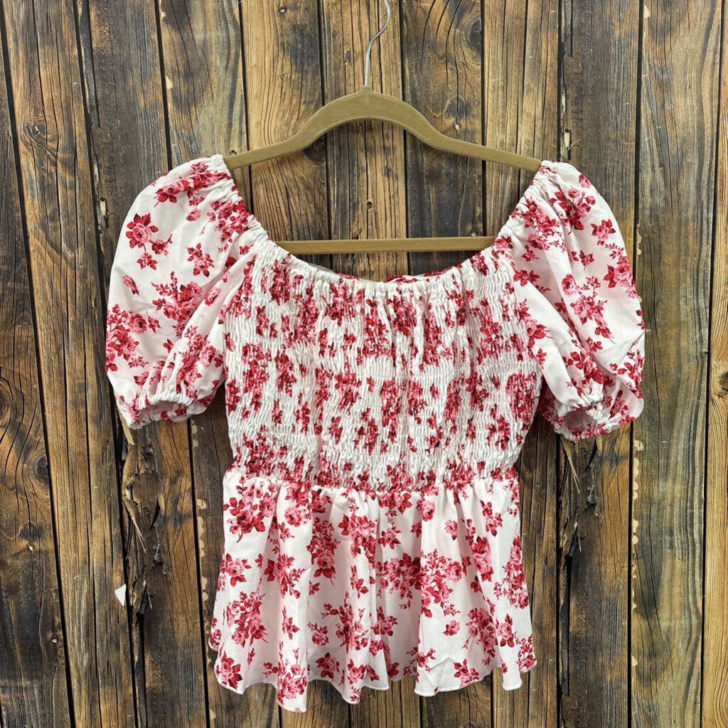 White/Red Floral Top, Womens S