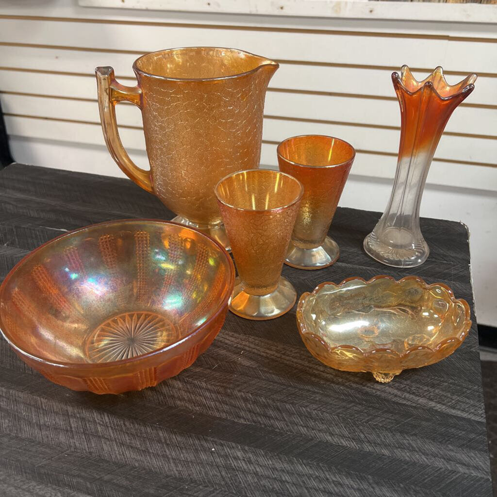6 PC Orange Carnival Glass Set - NO SHIP