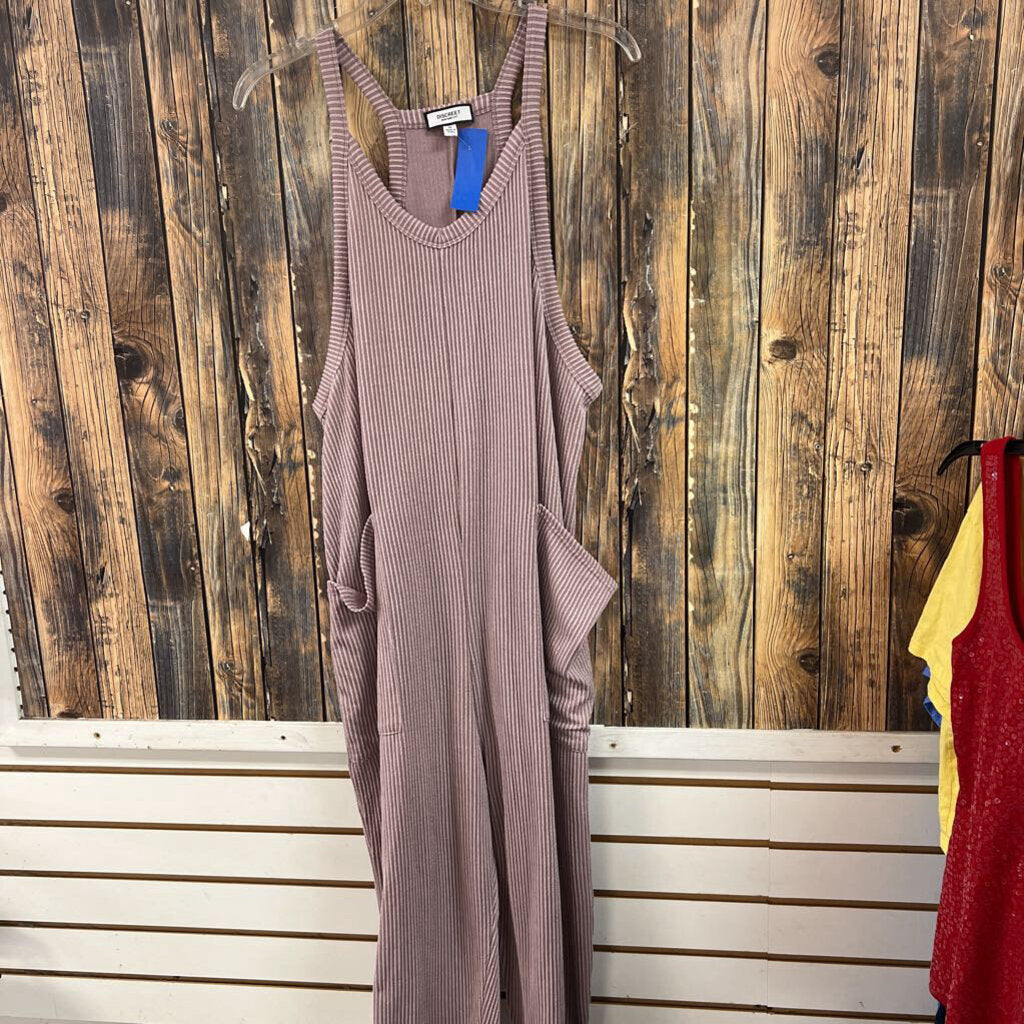 Ribbed Purple Romper with Pockets, Women's M