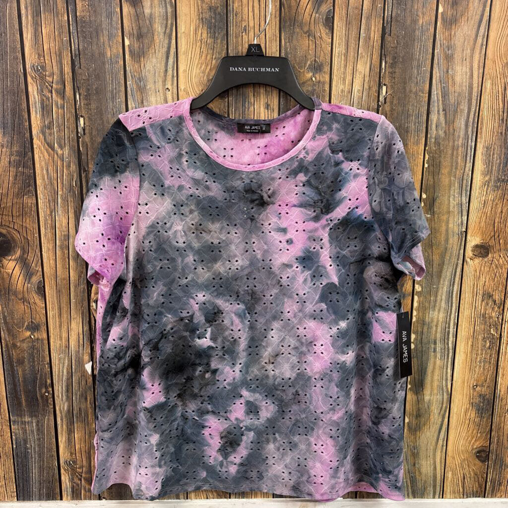 NWT Ava James Pink/Grey Eyelet Top, Womens 1X