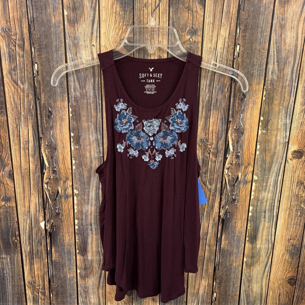 American Eagle Buttery Soft Maroon Floral Tank, Womens S
