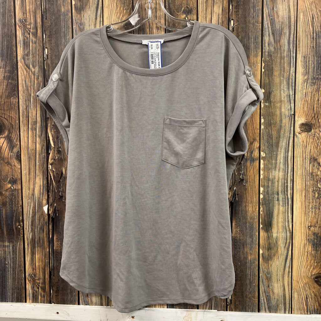 Cable & Gauge Buttery Soft Grey Pocket Top, Womens L