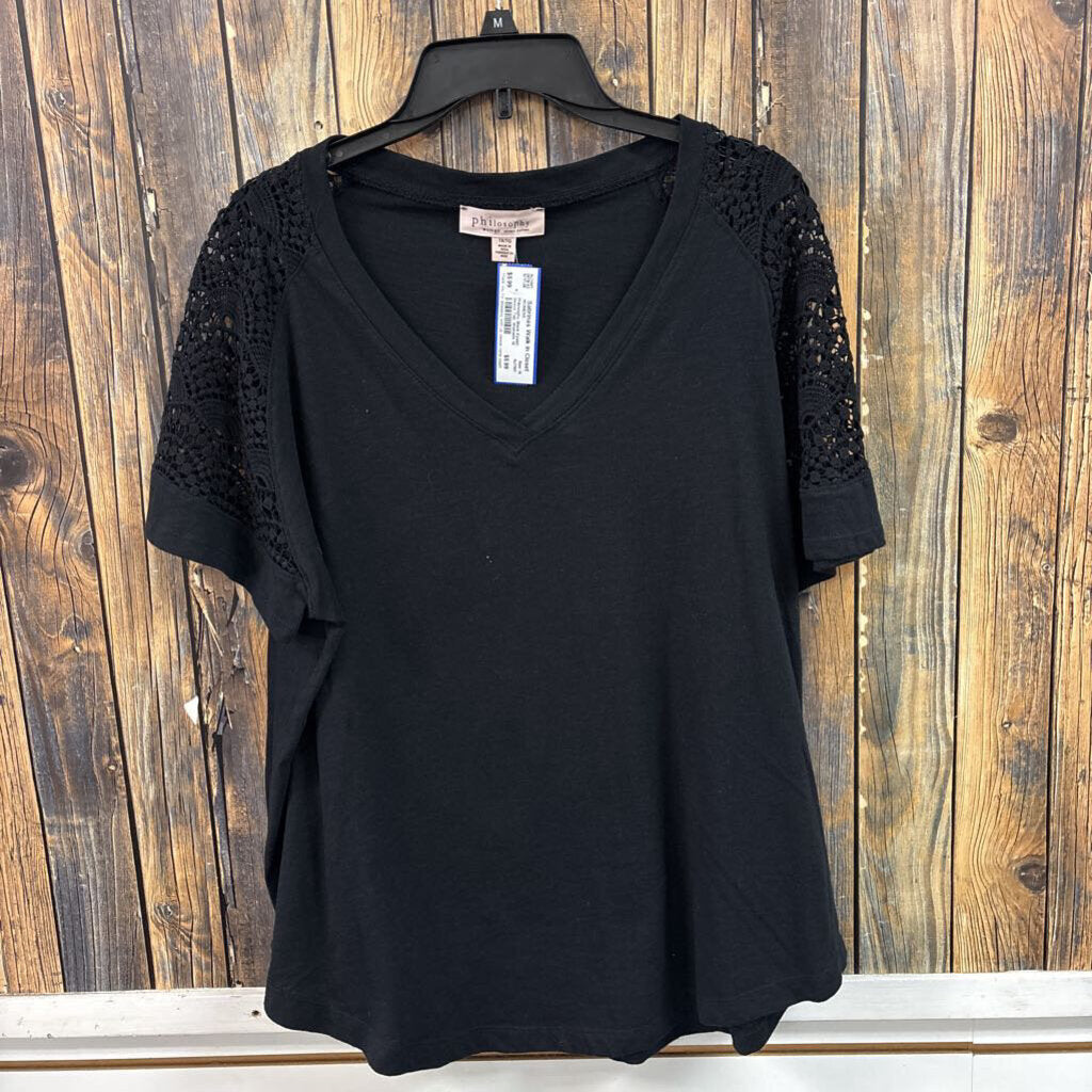 Philosophy Black Eyelet Sleeve Top, Womens 1X