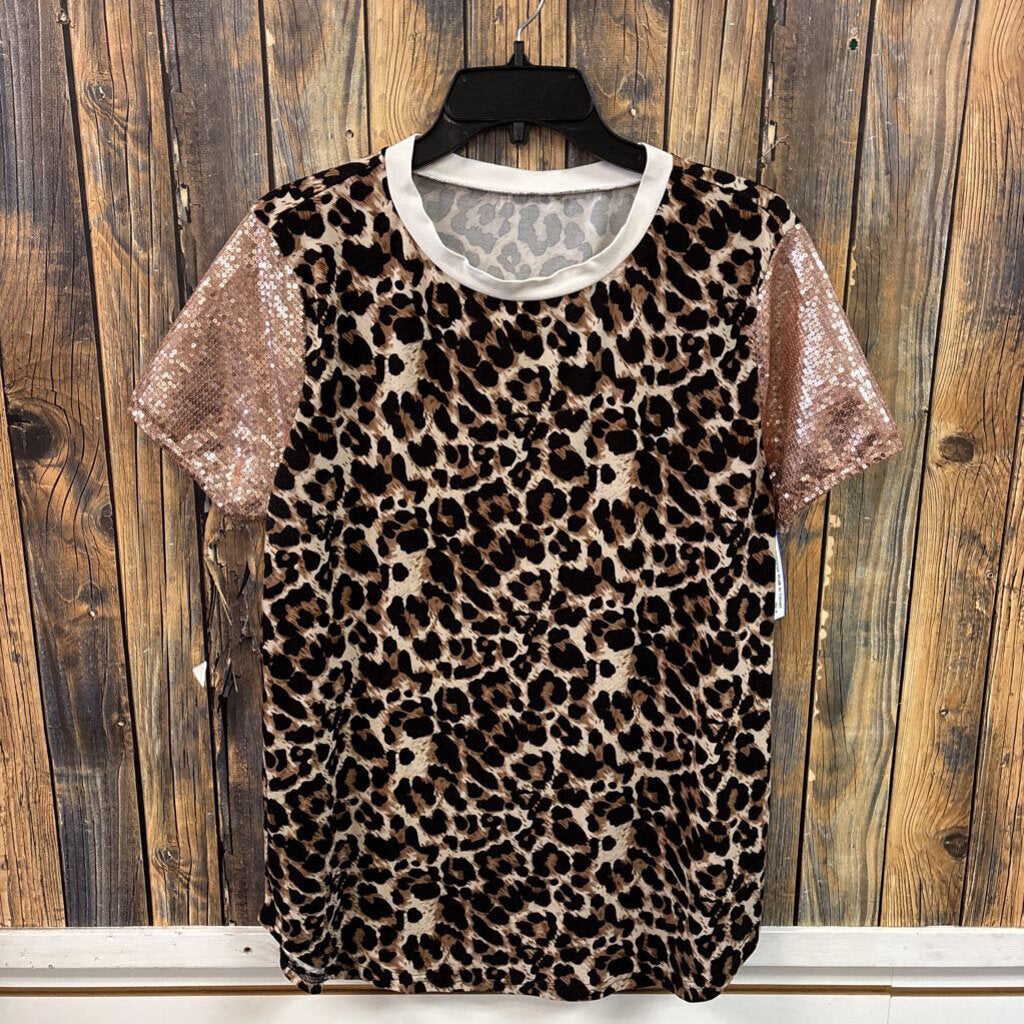 Animal Print Sequin Sleeve Top, Womens M