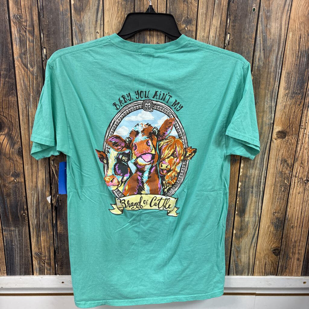Girlie Girl Teal Cow Tee, Womens M