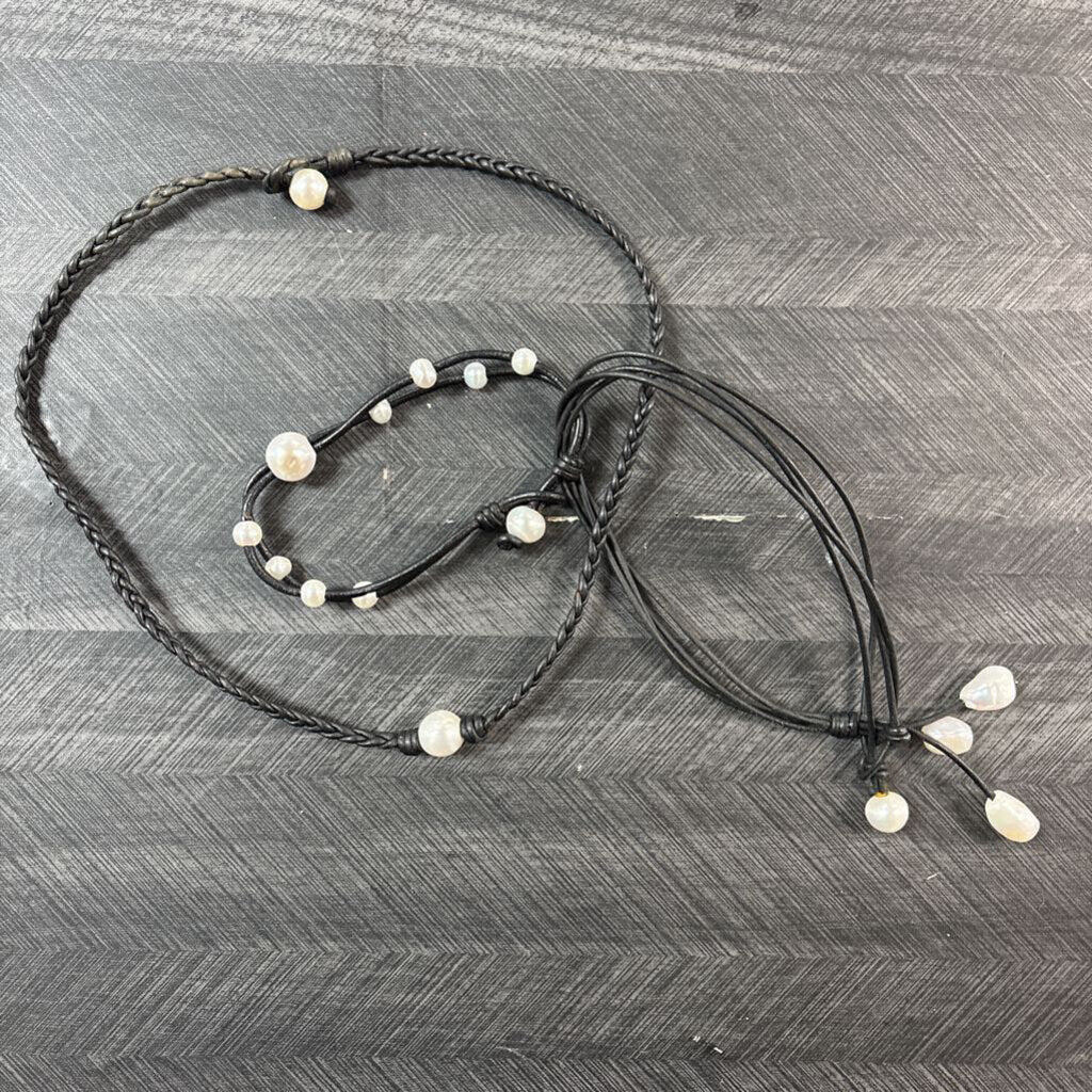 Pearl with Black String Set, 3pc
