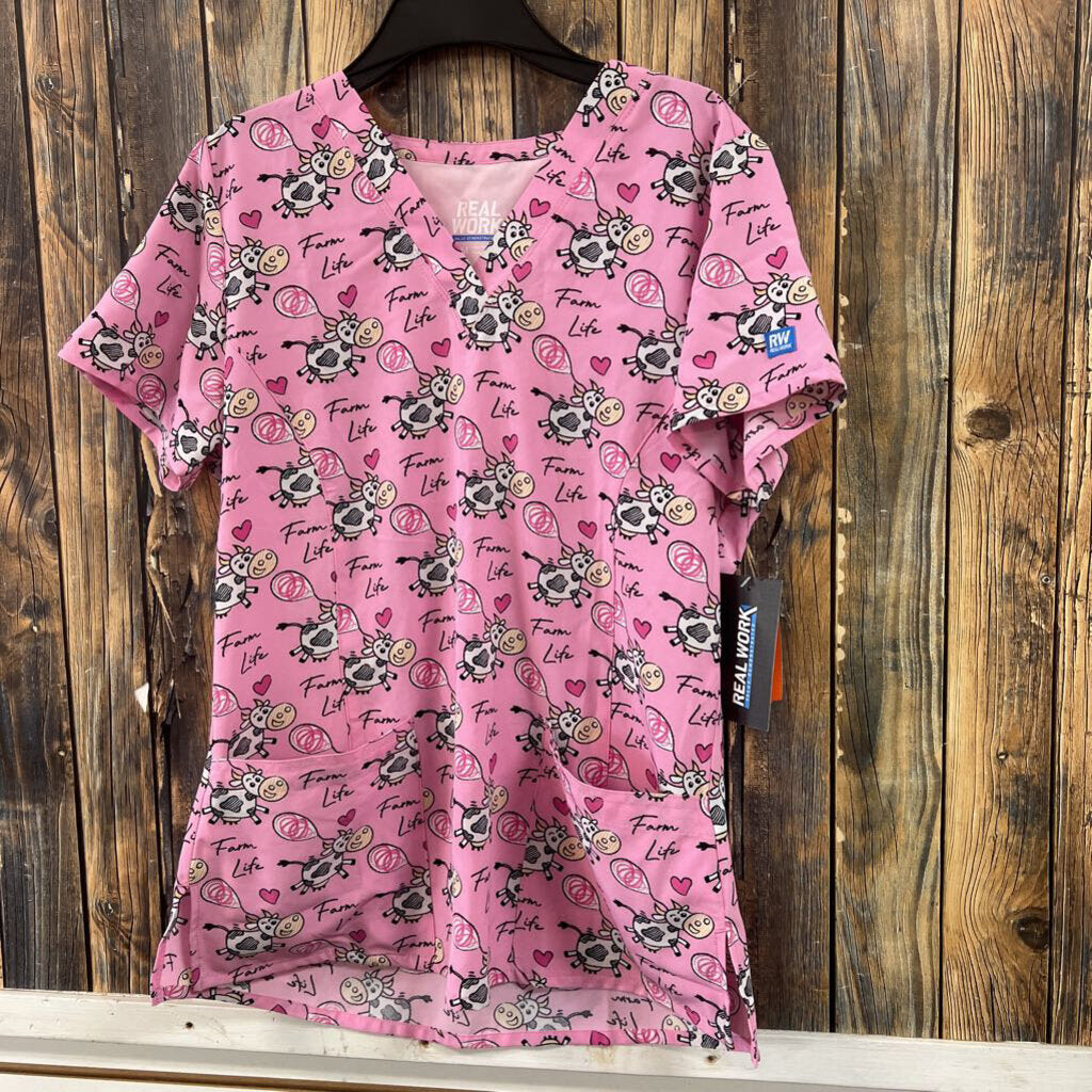 NWT Real Work Pink Cow Scrub Top, Womens S