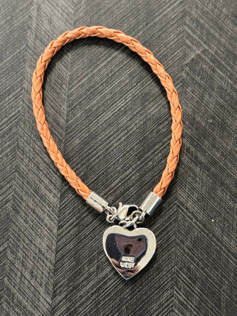 Nine West Silver Tone Heart w Leather Braided Bracelet