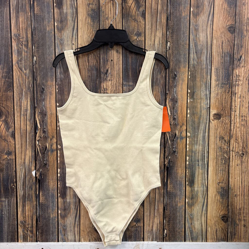 OQQ Cream Ribbed Bodysuit, Womens L