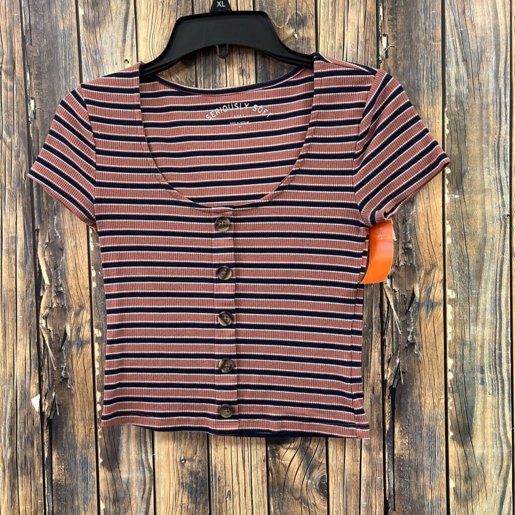 Aero Seriously Soft Striped Button Top, Womens M