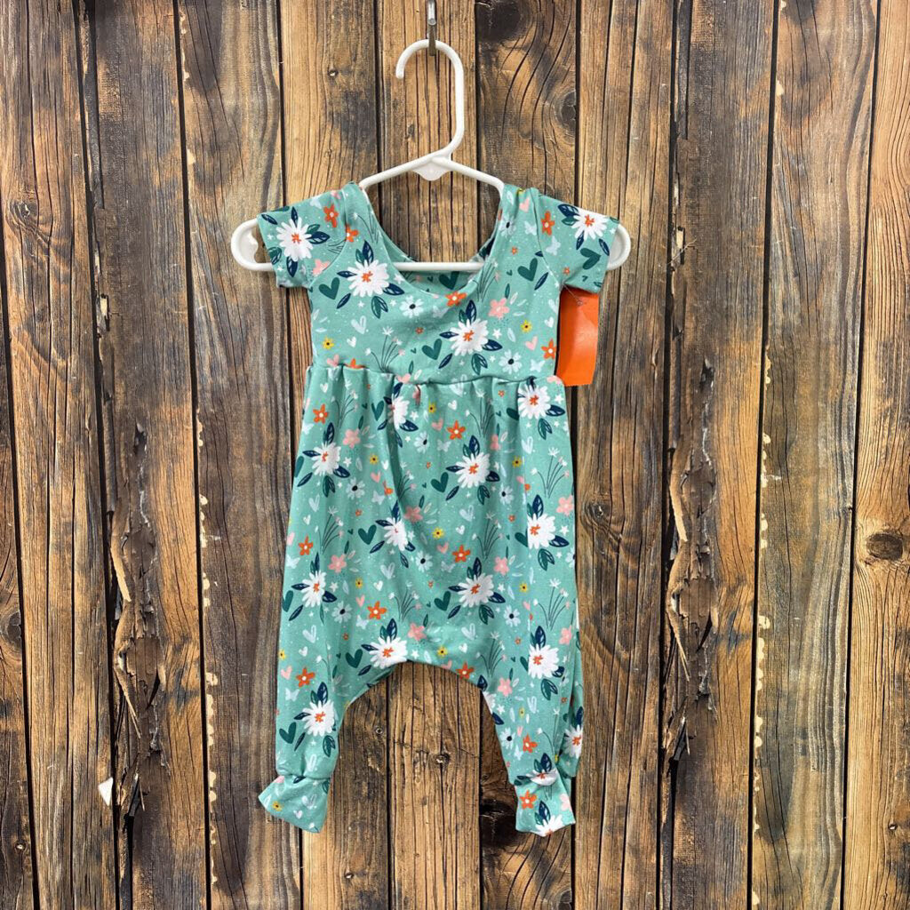 Green Flower Romper, Girl's 3m