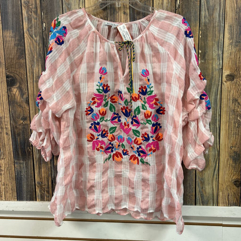 Pink Plaid Floral Top, Womens L