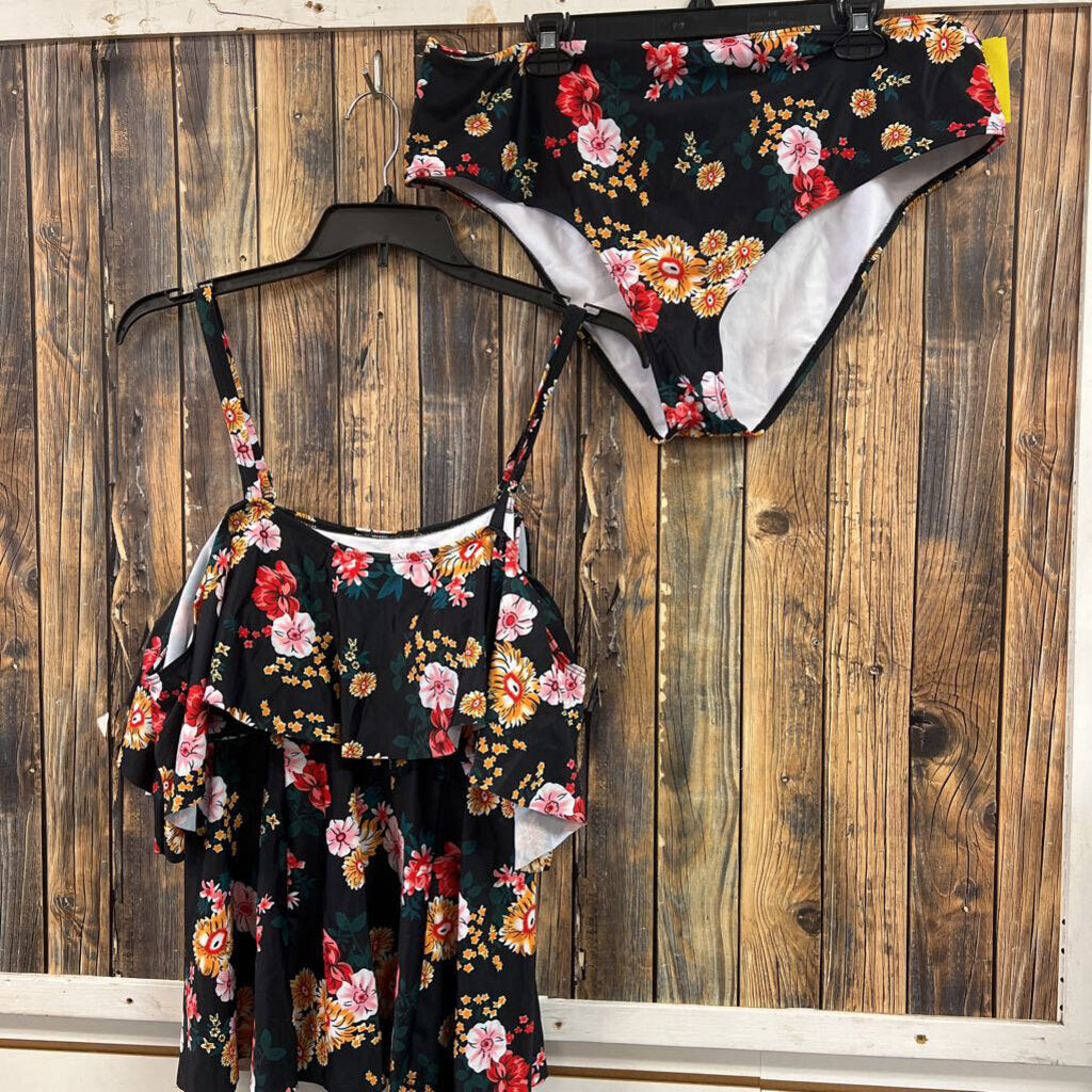 Black Floral 2 Piece, Women's 4XL