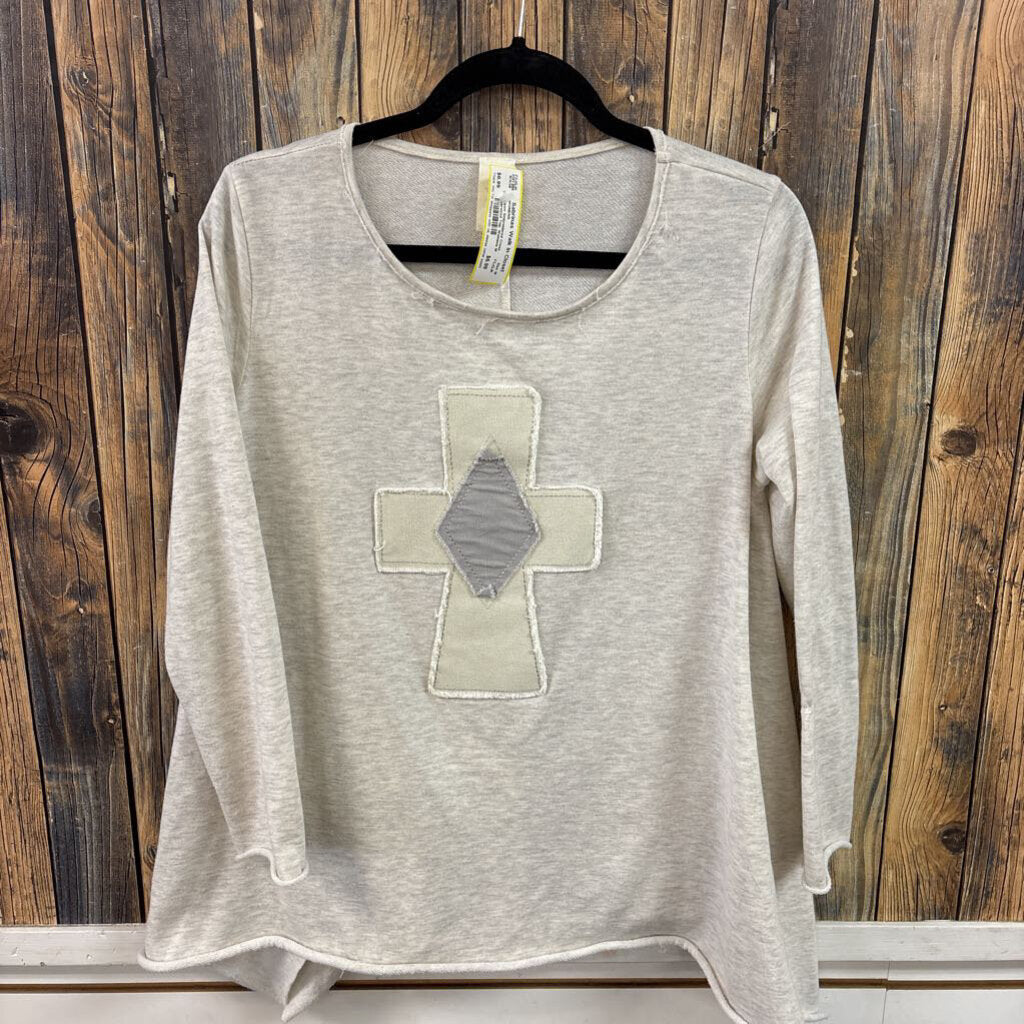 Cream Embroidered Cross Oversized Top, Womens M