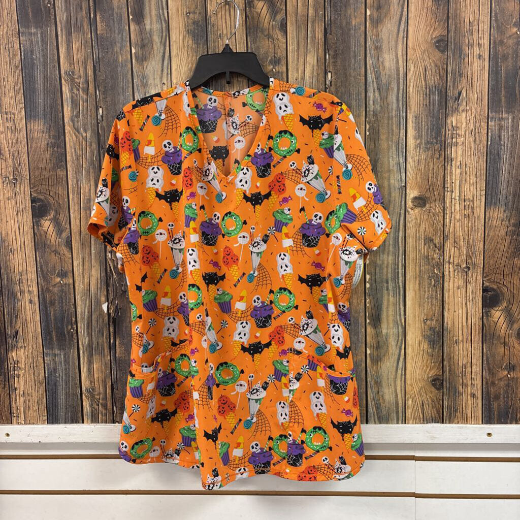 Orange Halloween Scrub Top, Womens L