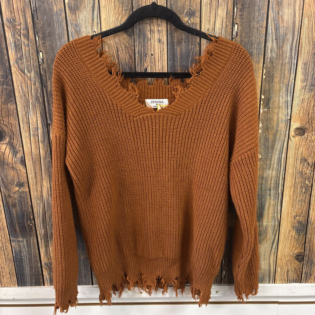 Zenana Frayed Sweater, Womens XS