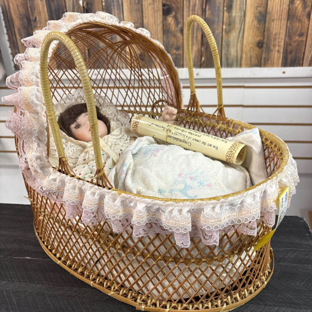 Soft Expressions Porcelain Doll in Woven Basket