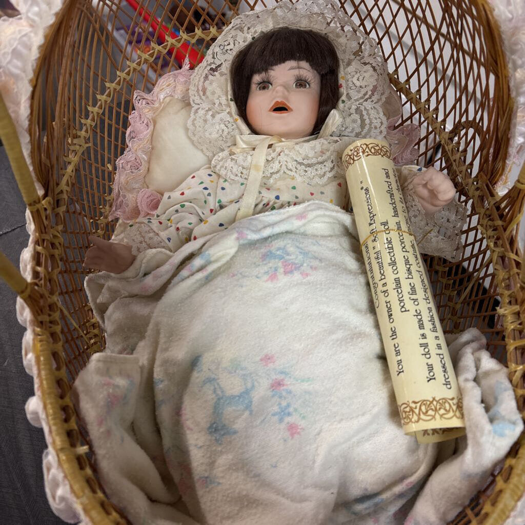 Soft Expressions Porcelain Doll in Woven Basket