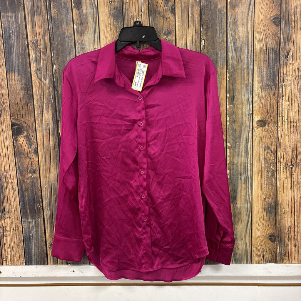 Zenana Hot Pink Silky Button Up, Women's S