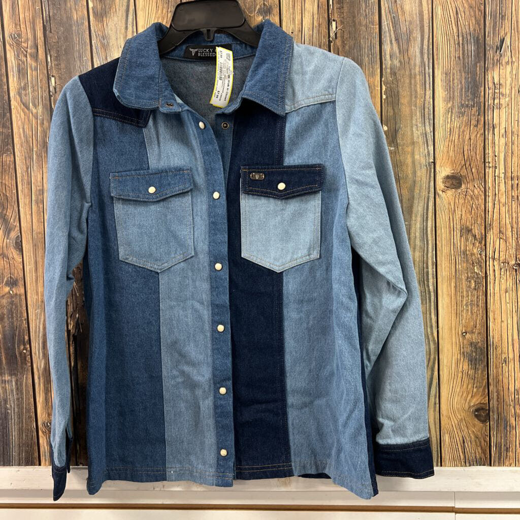 Lucky and Blessed Patchwork Denim Jacket, Women's L