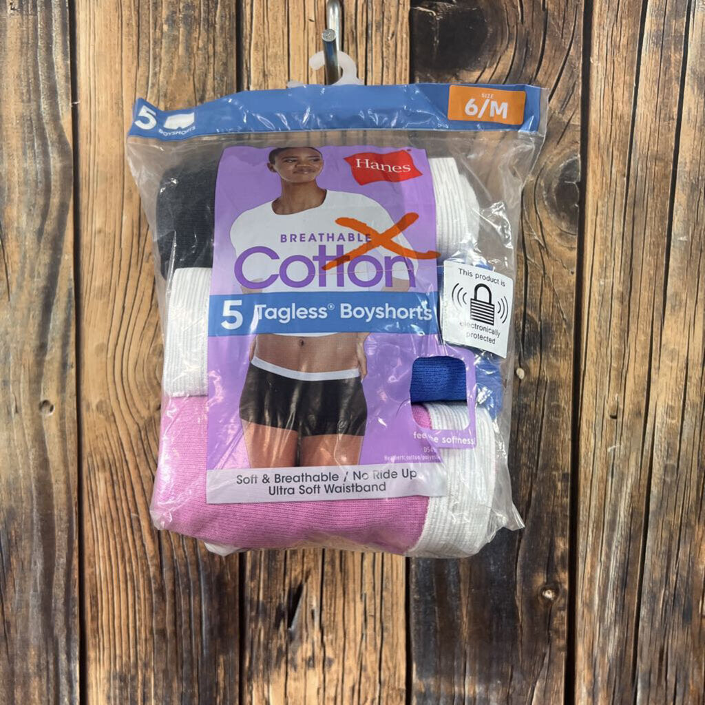 NWT 5 PR Cotton Boyshort Underwear, Womens 6/M