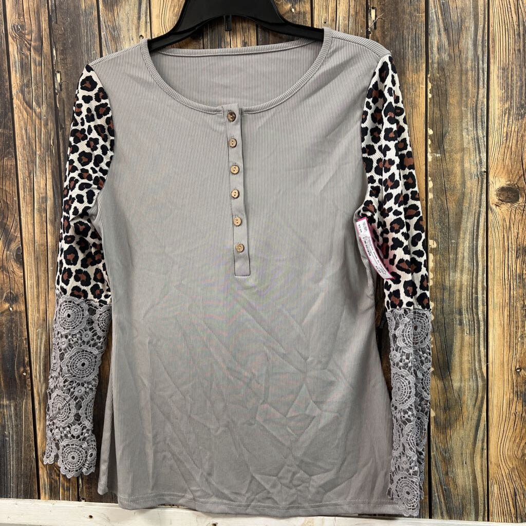 Animal Print Ribbed/Crochet Top, Womens M
