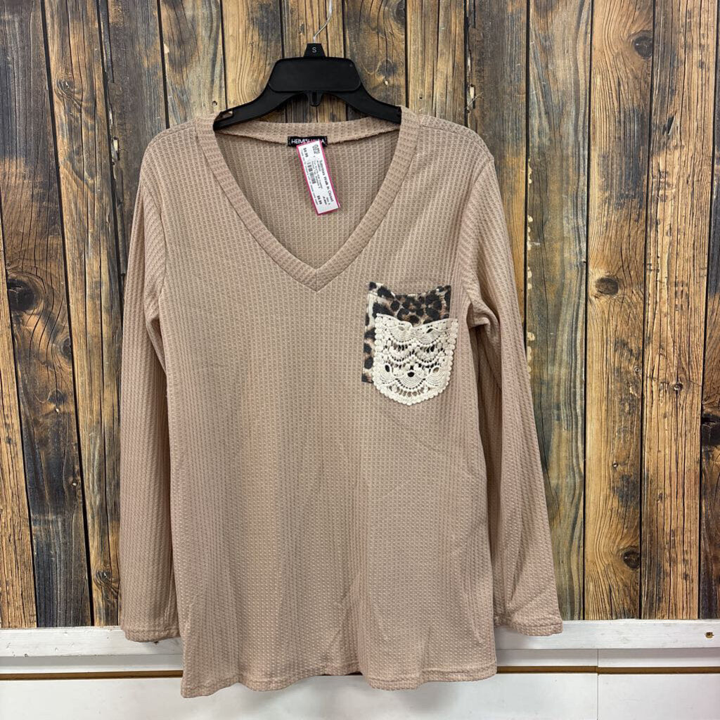 Tan Waffle Knit Crochet Pocket Top, Womens S