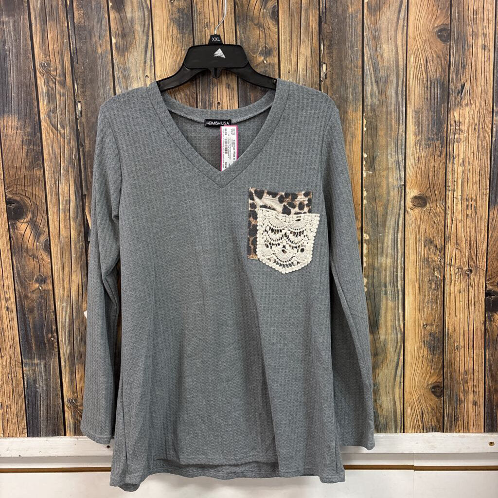 Grey Waffle Knit Crochet Pocket Top, Womens S