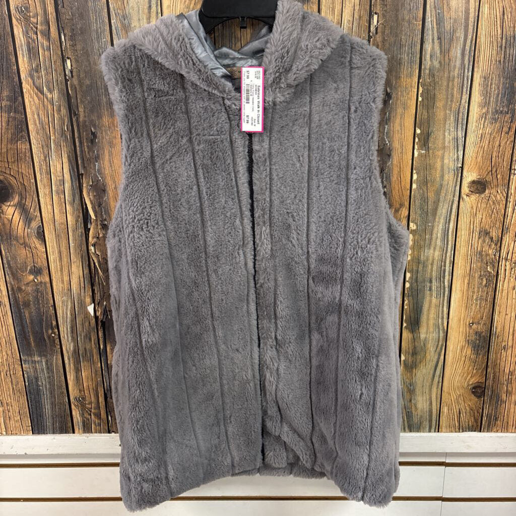 Grey Fuzzy Hooded Vest, Womens M