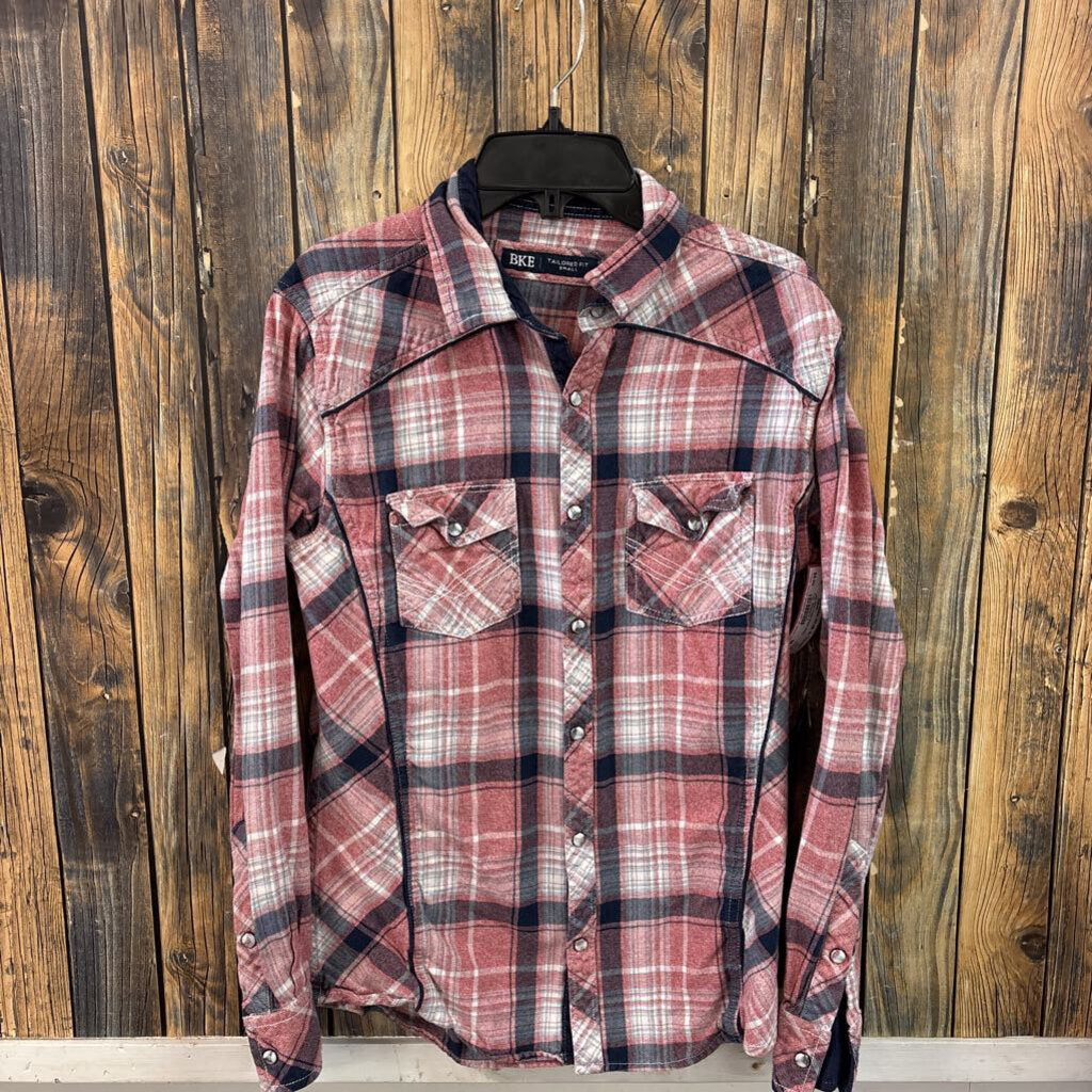BKE Pink Plaid Pearl Snap Top, Womens S