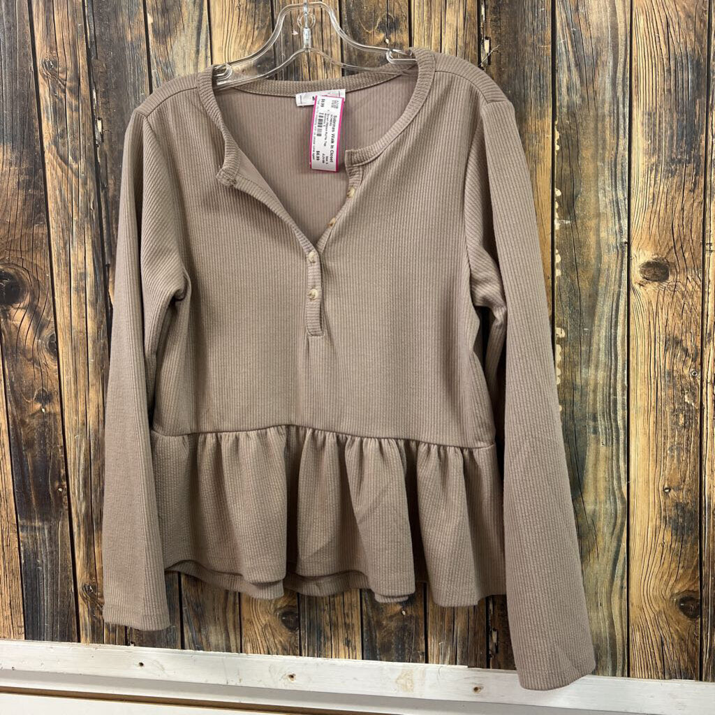 Brown Ribbed Ruffle Top, Womens S