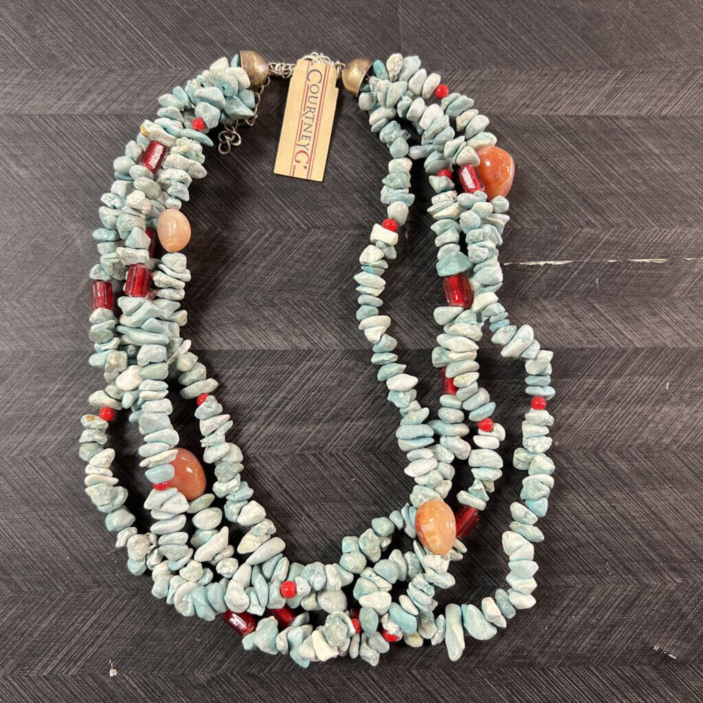 Multi Strand Turquoise Chip Bead Necklace + Stones