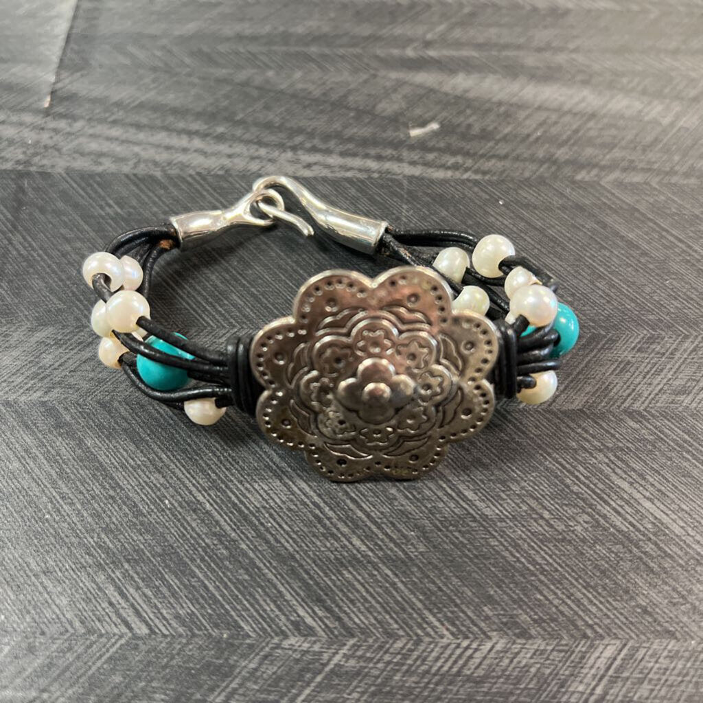Bohemian Style Multistrand Bracelet w/ Silvertone Piece, Faux Pearls + Simulated Turquoise Beads