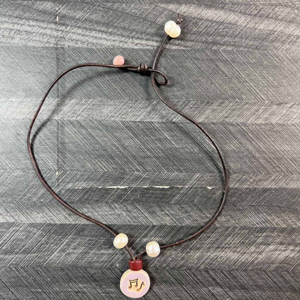 Pearls & Notes on Brown Leather Cord Necklace
