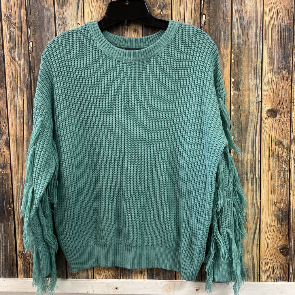 Teal Fringe Sleeve Sweater, Womens S