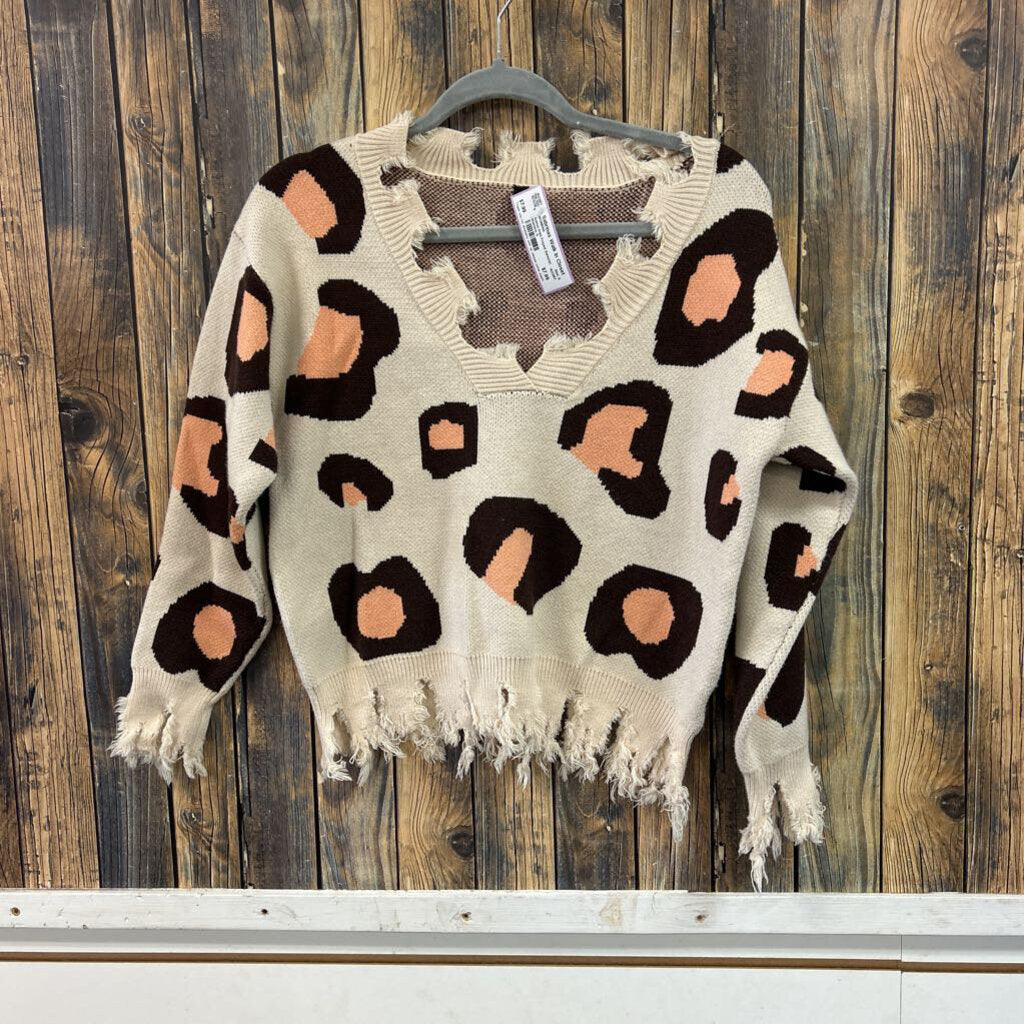 Animal Print Frayed Sweater, Womens S