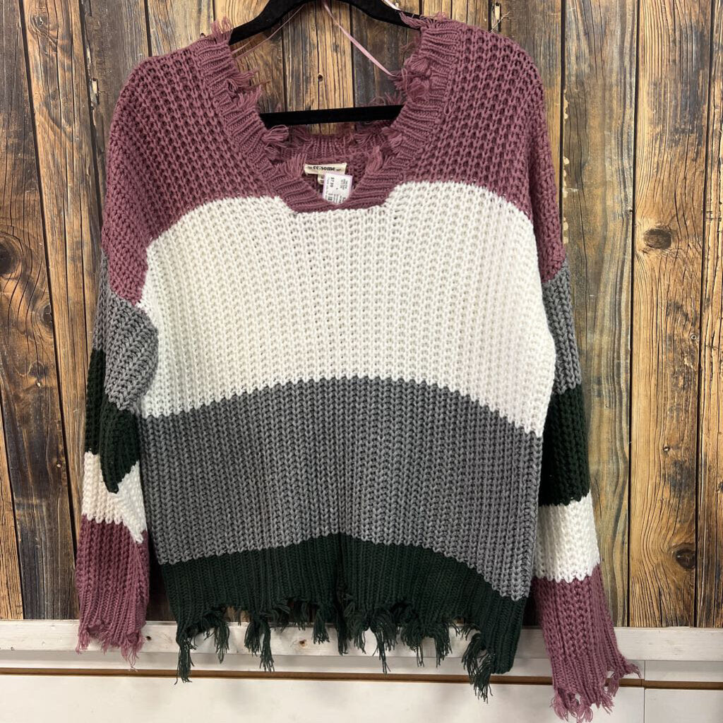 Striped Frayed Sweater, Womens S/M